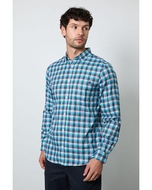 MAINE Bright Brushed Tartan Check Long Sleeve Shirt Cotton - Blue