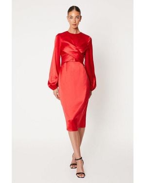 Coast Wrap Waist Blouson Sleeve Midi Dress - Red