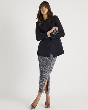 River Island Midi Skirt Ruched Side Velvet Sequin - Blue