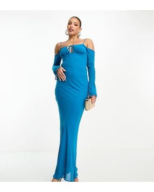 ASOS Design Cold Shoulder Long Sleeve Tie Front Bias Maxi Dress - Blue