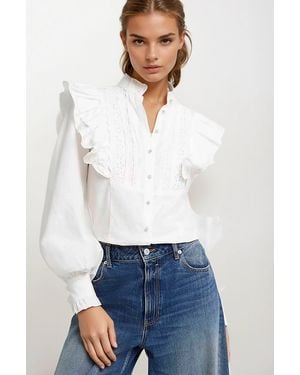 River Island Ruffle Broderie Puff Sleeve Blouse - White