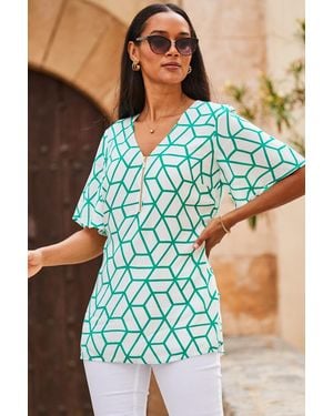 Sosandar Ivory & Geometric Print Zip Front Tunic Top Viscose - Blue