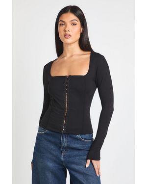 Boohoo Cotton Touch Hook And Eye Long Sleeve Corset Top - Black