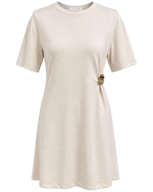 MixRay Crew Neck Mini T-Shirt Dress With Stone Accessory - Natural