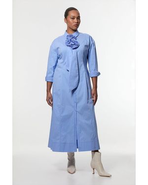 Karen Millen Plus Size Stripe Cotton Rosette Woven Shirt Maxi Dress - Blue