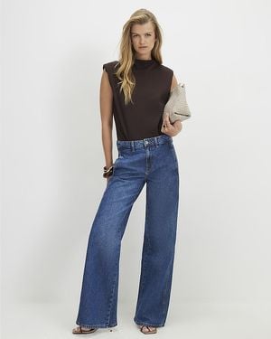 River Island Wide Leg Jeans Tailored Button Cotton - Blue