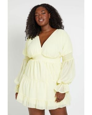 Boohoo Plus V Neck Blouson Sleeve Volume Smock Dress - Natural