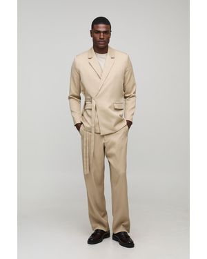 BoohooMAN Relaxed Fit Wrap Front Blazer - Natural