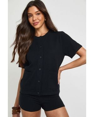 Boohoo Rib Knit Button Up Crew Neck Top And Micro Short Co-Ord - Black