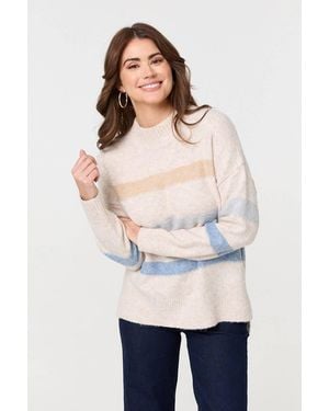 Izabel London Striped High Neck Boxy Jumper - White