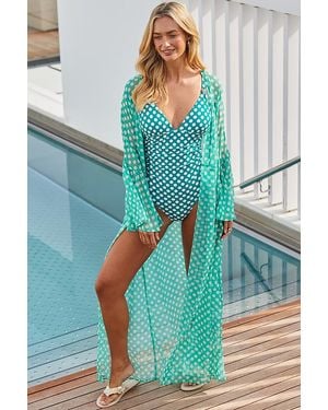 Sosandar Spot Print Tie Waist Fluted Sleeve Beach Kaftan - Blue