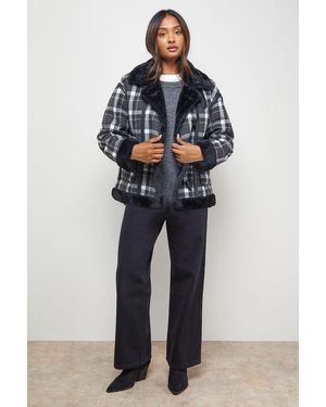 Oasis Shearling Trim Check Coat - Blue