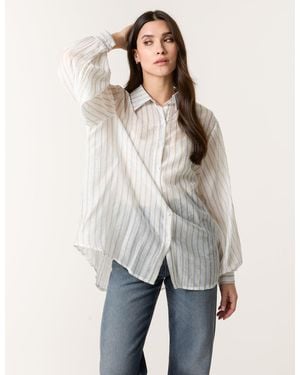 Blue Vanilla Diamante Detailed Shirt With Vertical Stripes - Grey