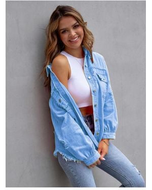 Everyday the Label Distressed Drop Shoulder Fringe Denim Jas - Blauw