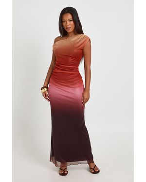 Boohoo Ombre Printed Mesh Asym Neck Maxi Dress - Red