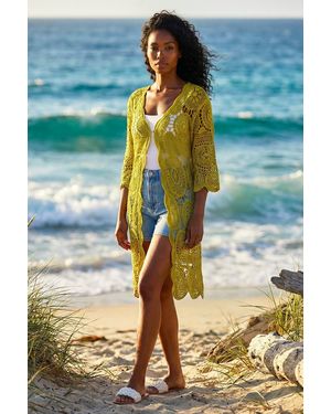 Roman Crochet Longline Knit Cardigan - Yellow