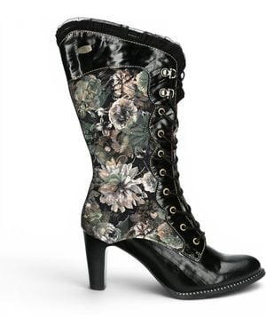 Laura Vita Floral Goth Victorian Leather Heeled High Boots - Black