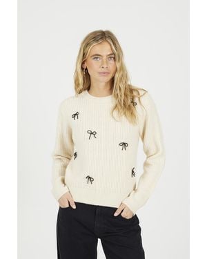 Brave Soul Crew Neck Jumper With Jewel Bow Detail - Natural