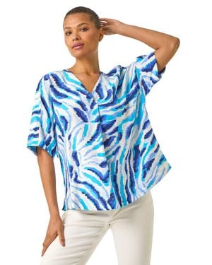 Roman Animal Print Pleated Tunic Top - Blue