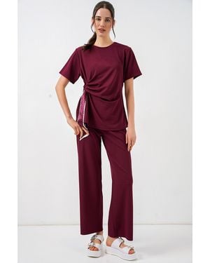 Bigdart Crew Neck Tie Detail Ribbed Co-Ord Set With Wide Leg Trousers - Red
