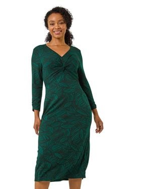 Roman Petite Stretch Leaf Print Twist Midi Dress - Green