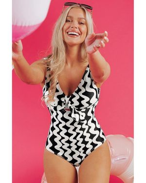 Azura Exchange Stripe Bowknot Ricrac Print V Neck Low Back Cut One Piece Swimsuit - Red