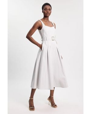 Karen Millen Premium Cotton Tailored Fabric Belted Buckle Midi Dress - White