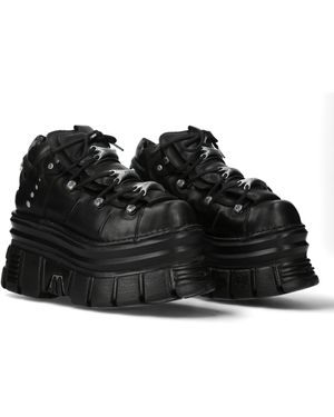 New Rock M-106-C178 Tower Gothic Punk Chunky Ankle Boots Leather - Black