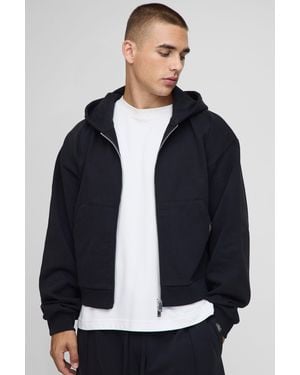 BoohooMAN Premium Script Heavyweight Shrunken Fit Zip Through Hoodie - Black