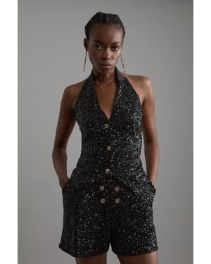 Karen Millen Sequin Halter Neck Waistcoat - Black