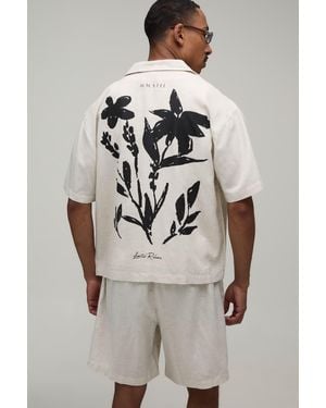 BoohooMAN Floral Print Linen Look Oversized Shirt & Short Set - Grey