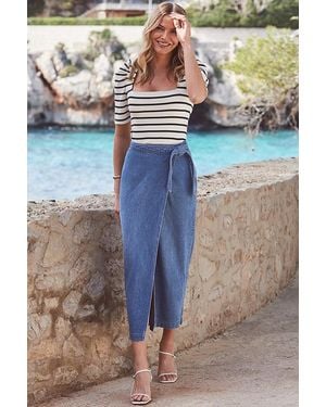 Sosandar Mid Denim Tie Waist Midi Skirt - Blue