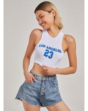 Pink Vanilla Printed Ribbed Crop Top - Blue