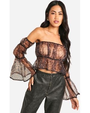 Boohoo Organza Print Bardot Crop Smock Top - Black