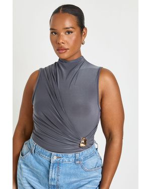 Boohoo Plus Ruched Drape Trim Sleeveless Bodysuit - Blue