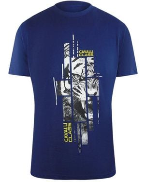 Roberto Cavalli Abstract Tiger Logo T-Shirt Cotton - Blue