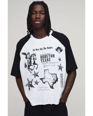 BoohooMAN Oversized Boxy Western Print Raglan T-Shirt - White