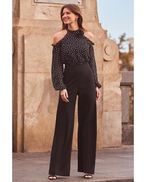 Sosandar Spot Print Corsage Detail Cold Shoulder Two Part Jumpsuit - Brown