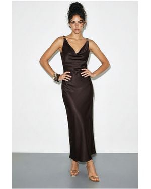 Bianco Lucci Sleeveless Satin Maxi Slip Dress With Cowl Neck And Accessory Detail - Multicolour