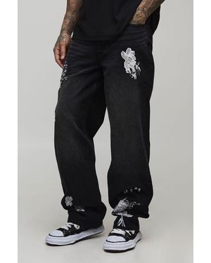 BoohooMAN Tall Relaxed Rigid Floral Embroidered Jeans - Black