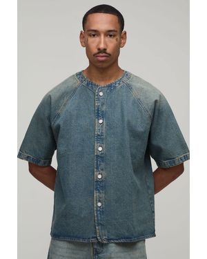 BoohooMAN Oversized Denim Baseball Shirt - Blue
