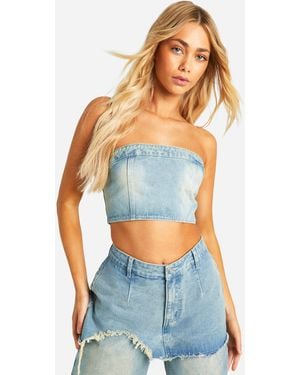 Boohoo Faded Wash Denim Bandeau - Blue