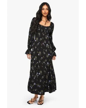 Boohoo Floral Milkmaid Godet Hem Midaxi Dress - Black