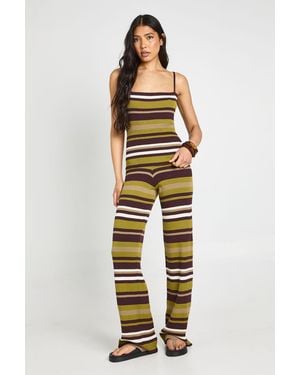 Boohoo Tall Rib Knit Stripe Top And Wide Leg Trouser Co-Ord - Metallic
