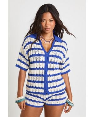 Boohoo Crochet Stripe Collared Shirt And Short Co-Ord - Blue
