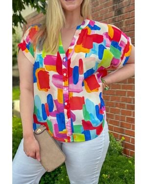 Azura Exchange Kleurige Penseelstreek Gedrukte Plus Size Knop Split Hals Blouse - Blauw
