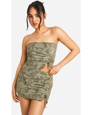 Boohoo Floral Texture Ruched Mini Skirt - Green