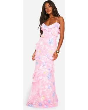 Boohoo Jacquard Ruffle Maxi Dress - Pink