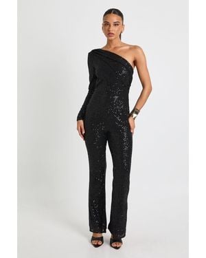 Boohoo Asymmetric Sequin Wide Leg Jumpsuit - Black