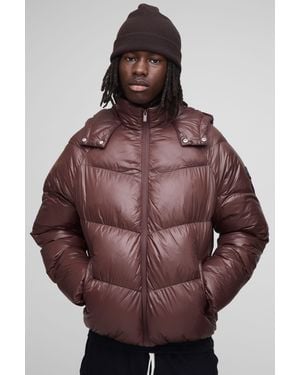 BoohooMAN Regular Fit Sheen Panelled Hooded Funnel Puffer Jacket - Purple